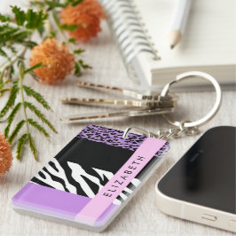 Leopard Print, Zebra Print, Lila, Ihr Name Schlüsselanhänger