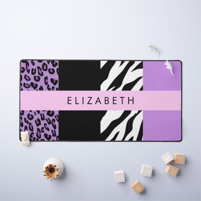 Leopard Print, Zebra Print, Lila, Ihr Name Schreibtischunterlage (Kindertisch)