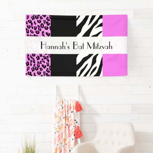 Leopard Print, Zebra Print, Rosa, Bat Mitzvah Banner (Insitu)