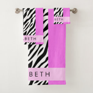 Leopard Print, Zebra Print, Rosa, Ihr Name Badhandtuch Set