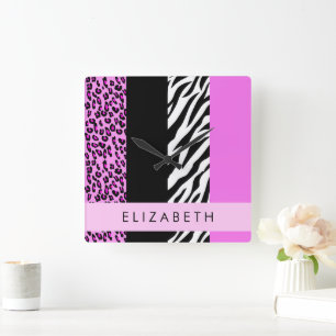Leopard Print, Zebra Print, Rosa, Ihr Name Quadratische Wanduhr