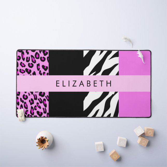 Leopard Print, Zebra Print, Rosa, Ihr Name Schreibtischunterlage (Kindertisch)