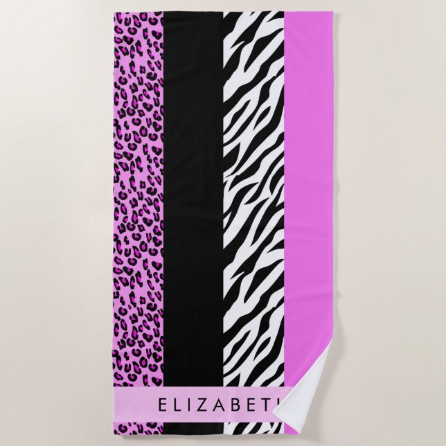 Leopard Print, Zebra Print, Rosa, Ihr Name Strandtuch (Vorderseite)