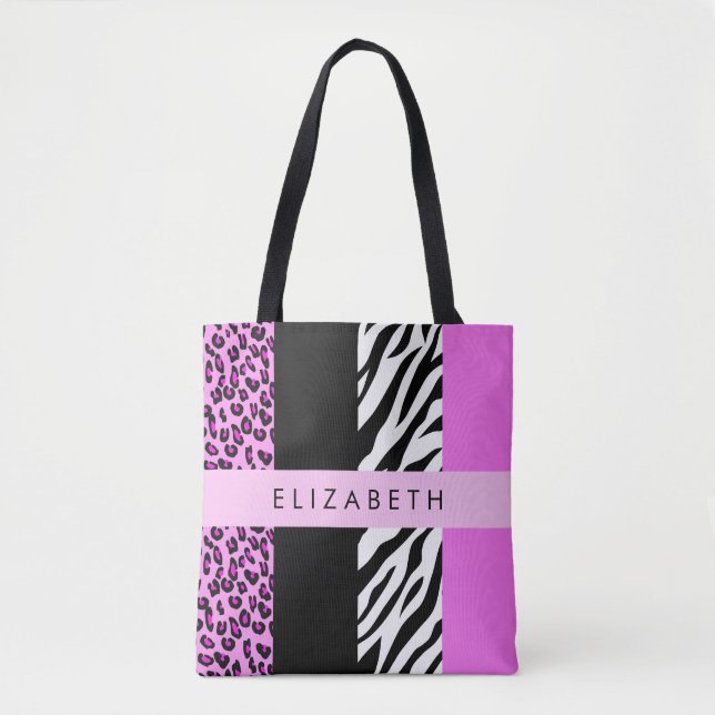 Leopard Print, Zebra Print, Rosa, Ihr Name Tasche (Vorderseite)