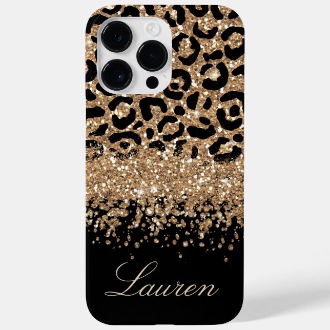 Leopard-Printwerbung für Schwarz und Gold Glitzer Case-Mate iPhone 14 Pro Max Hülle (Rückseite)