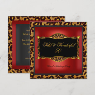 Leopard Red Gold Black Birthday Party Wild 50 Einladung