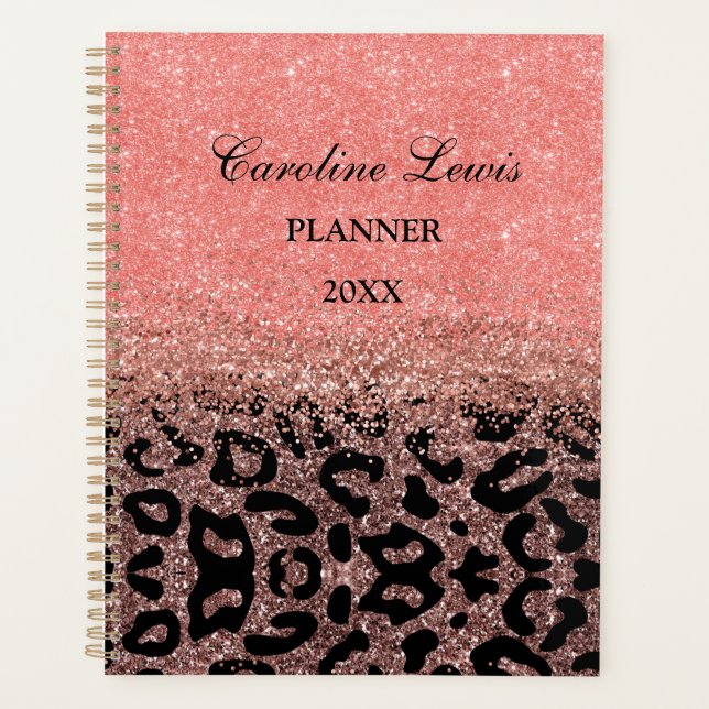 Leopard Rose Gold Glitzer 2023 Planer mit Namen (Vorderseite)