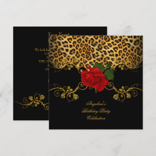 Leopard Rose Red Black Gold Geburtstagsparty Einladung