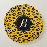 Leopard rosettes custom monogram round throw rundes kissen<br><div class="desc">Leopard rosettes custom monogram round throw. Personalized wild animal spots pattern monogrammed with name initial letter. Elegant typography. Exotic home decor. Yellow or custom color.</div>