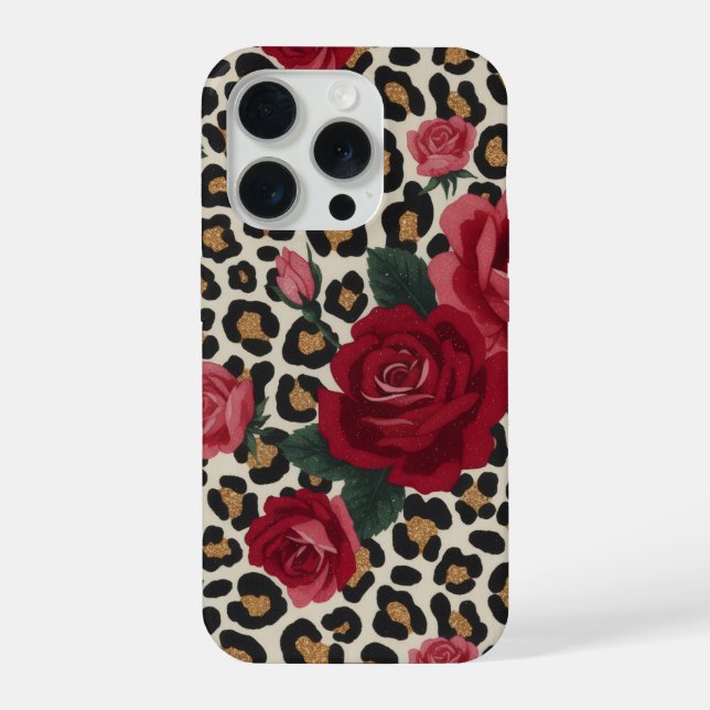 Leopard-Rot-Rosen-Muster iPhone 15 Pro Hülle (Rückseite)