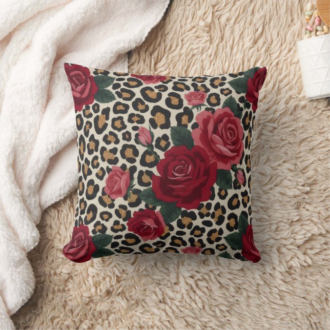 Leopard-Rot-Rosen-Muster Kissen (Decke)
