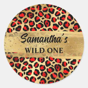 Leopard, Rot und Gold Foil Leopard Wild One Runder Aufkleber