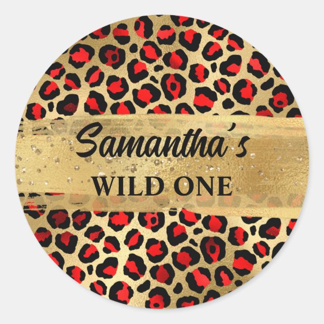 Leopard, Rot und Gold Foil Leopard Wild One Runder Aufkleber (Vorderseite)