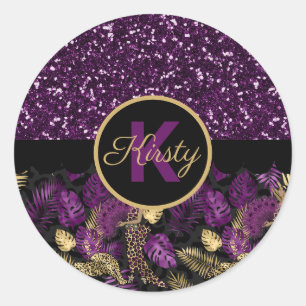 Leopard Safari Palmwedel Lila Glitter Gold Runder Aufkleber