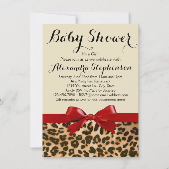 Leopard Safari Red Bow Girl Baby shower Invitation (Devant)