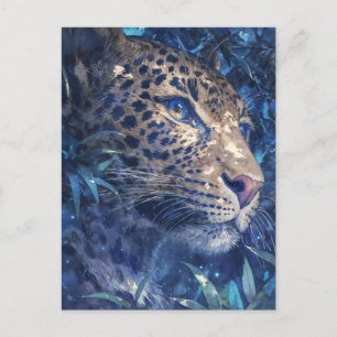 Leopard schaut durch Indigo-Aquarell-Dschungel Postkarte
