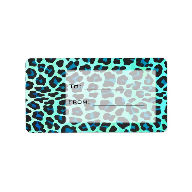 Leopard Schwarz und Aquamarin Adressaufkleber (Vorne)