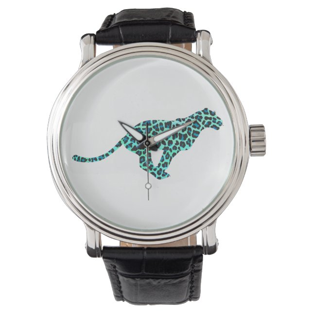 Leopard Schwarz und Aquamarin Armbanduhr (Vorderseite)