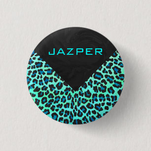 Leopard Schwarz und Aquamarin Button