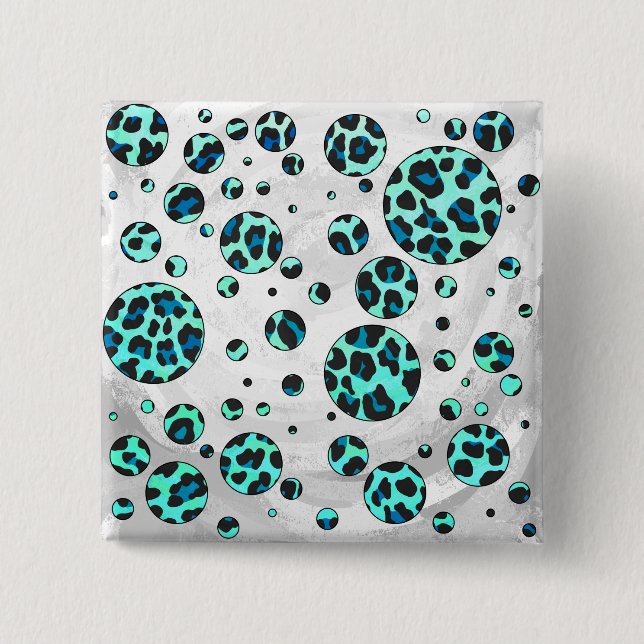 Leopard Schwarz und Aquamarin Button (Vorderseite)