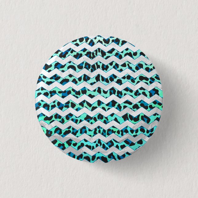 Leopard Schwarz und Aquamarin Button (Vorderseite)