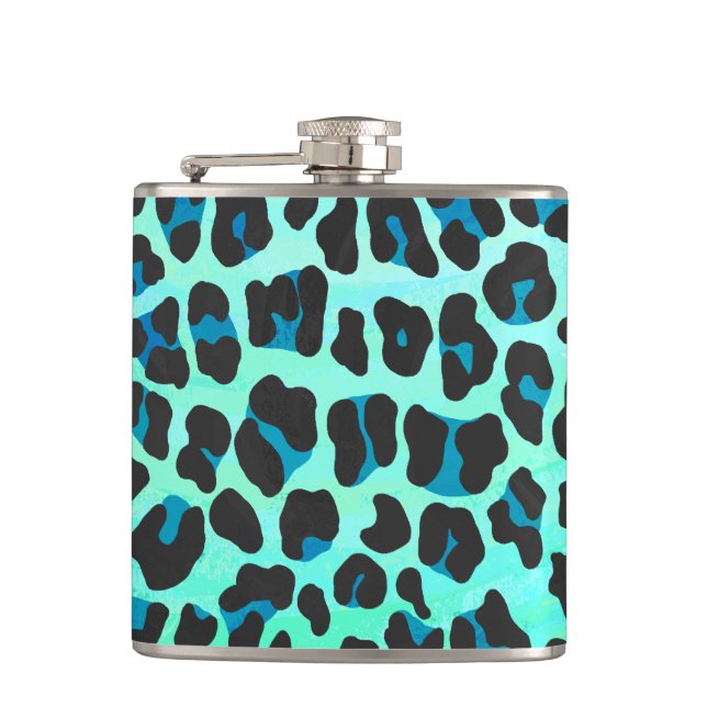 Leopard Schwarz und Aquamarin Flachmann (Vorderseite)