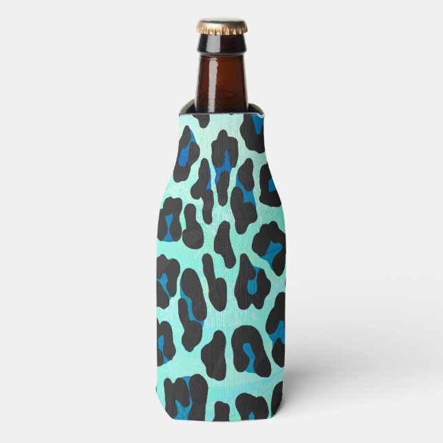 Leopard Schwarz und Aquamarin Flaschenkühler (Flaschenvorderseite)