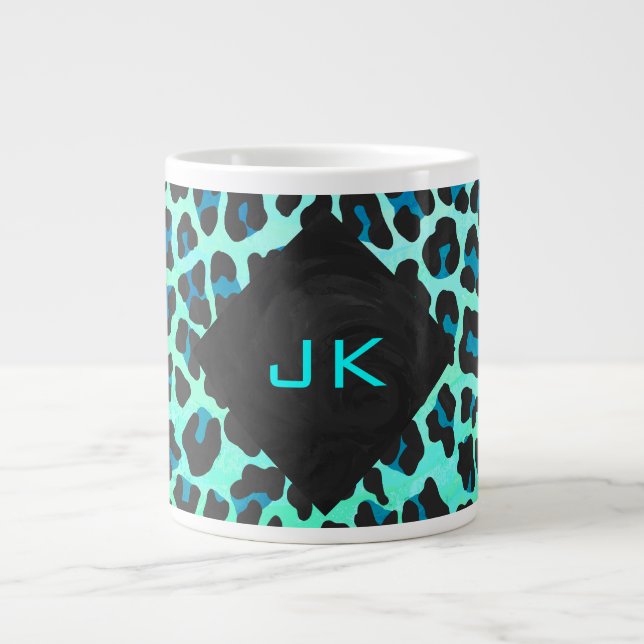 Leopard Schwarz und Aquamarin Jumbo-Tasse (Vorderseite)