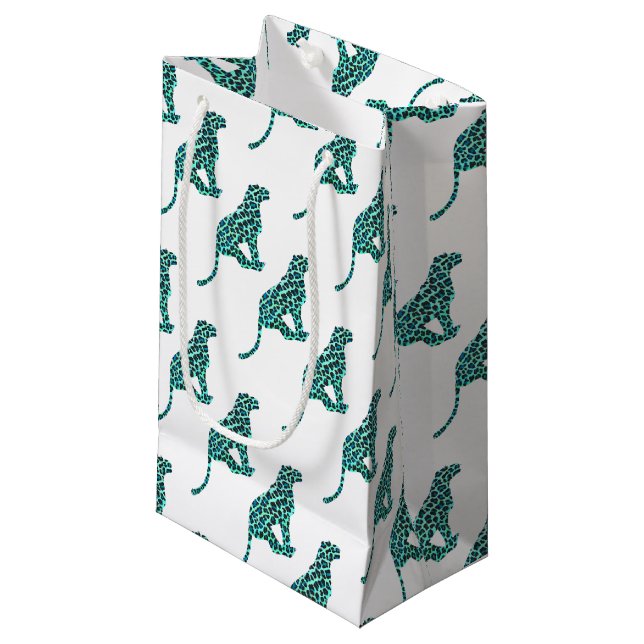 Leopard Schwarz und Aquamarin Kleine Geschenktüte (Vorderseite Schrägansicht)