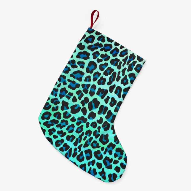 Leopard Schwarz und Aquamarin Kleiner Weihnachtsstrumpf (Vorderansicht (hängend))