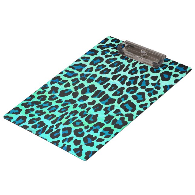 Leopard Schwarz und Aquamarin Klemmbrett (Schrägansicht)