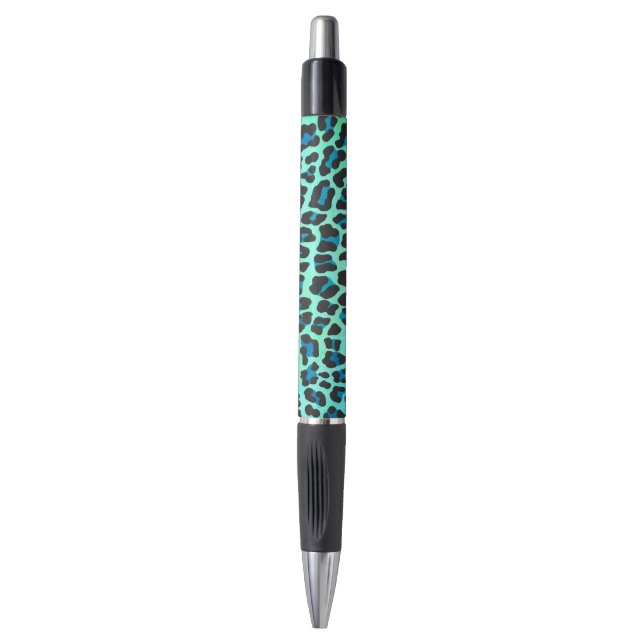 Leopard Schwarz und Aquamarin Kugelschreiber (Vorderseite Vertikal)