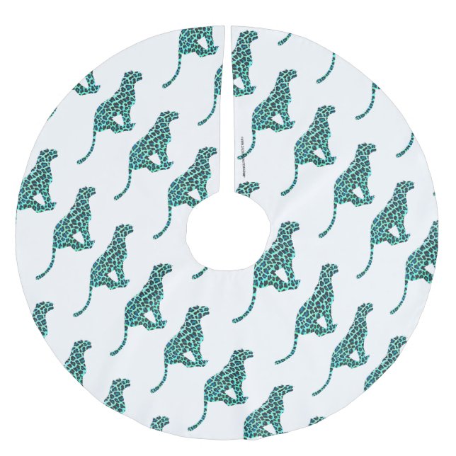 Leopard Schwarz und Aquamarin Polyester Weihnachtsbaumdecke (Vorderseite)