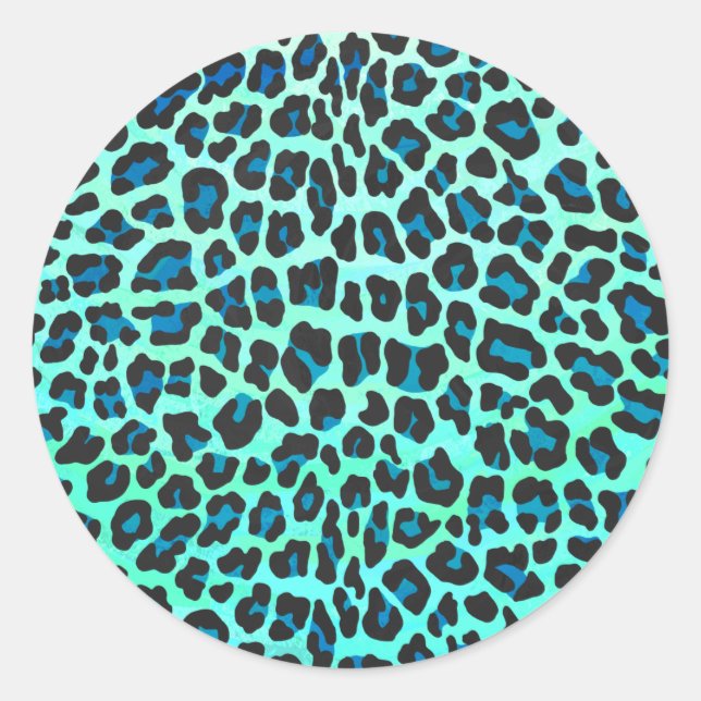 Leopard Schwarz und Aquamarin Runder Aufkleber (Vorderseite)