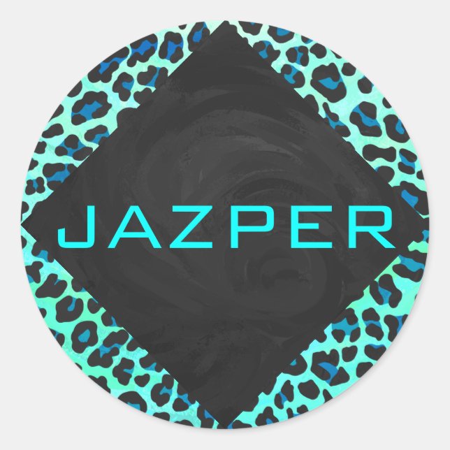 Leopard Schwarz und Aquamarin Runder Aufkleber (Vorderseite)