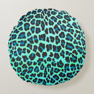 Leopard Schwarz und Aquamarin Rundes Kissen