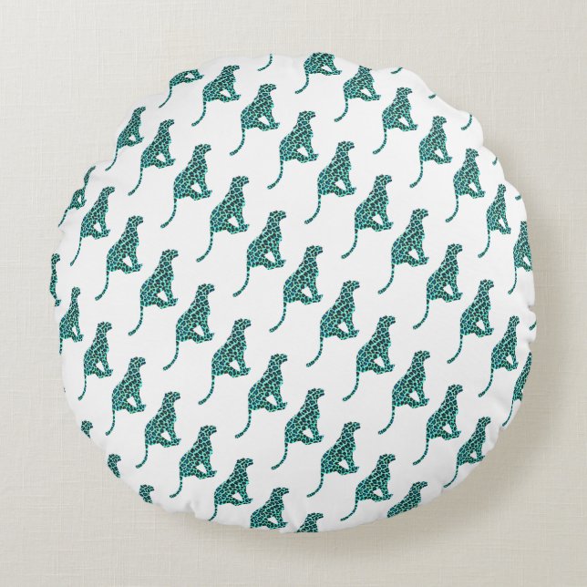 Leopard Schwarz und Aquamarin Rundes Kissen (Vorderseite)