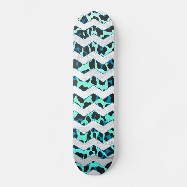 Leopard Schwarz und Aquamarin Skateboard (Vorderseite)