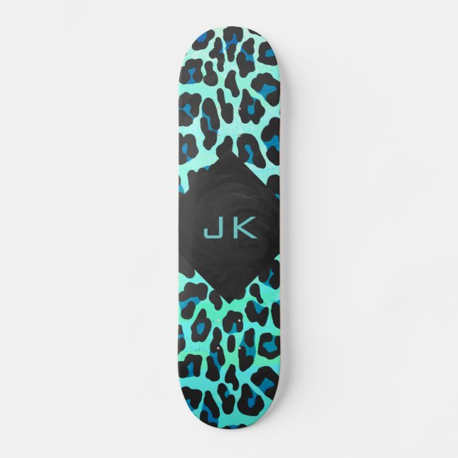 Leopard Schwarz und Aquamarin Skateboard (Vorderseite)