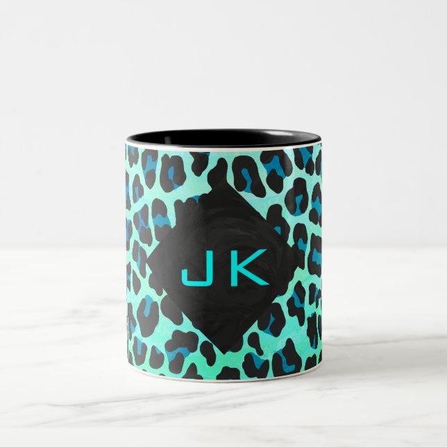 Leopard Schwarz und Aquamarin Zweifarbige Tasse (Mittel)