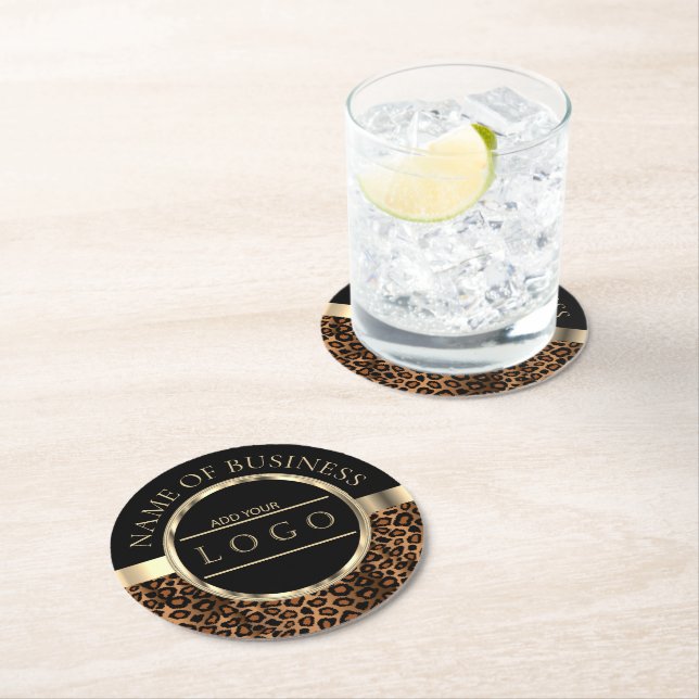 Leopard | Schwarz und Braun | Logo Runder Pappuntersetzer (Vor Ort)