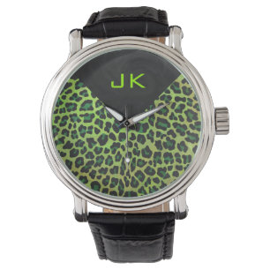 Leopard Schwarz und Grün mit Monogramm Armbanduhr