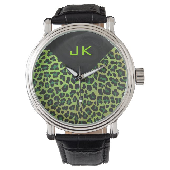 Leopard Schwarz und Grün mit Monogramm Armbanduhr (Vorderseite)