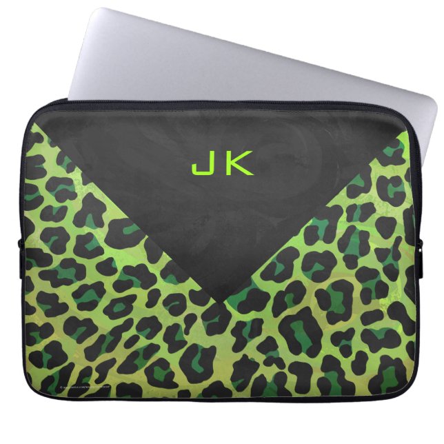 Leopard Schwarz und Grün mit Monogramm Laptopschutzhülle (Vorderseite)