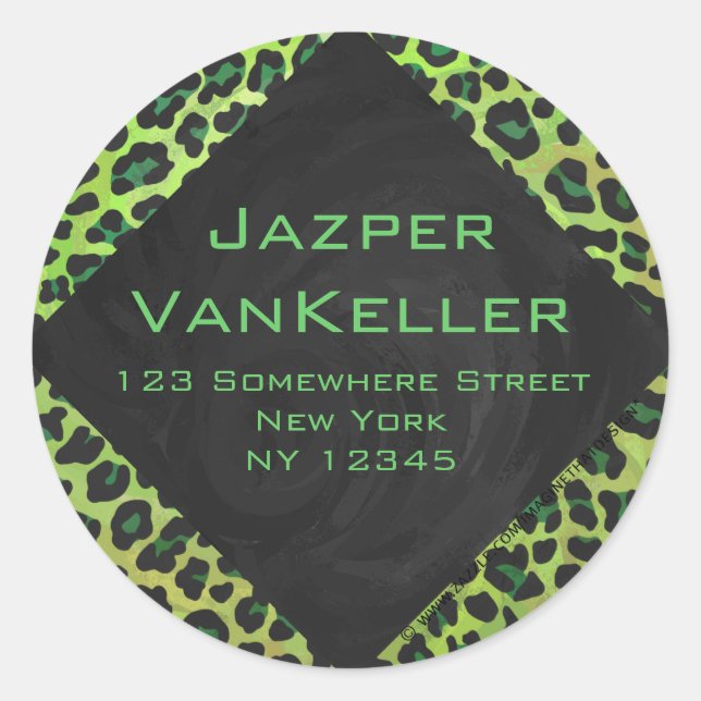 Leopard Schwarz und Grün mit Monogramm Runder Aufkleber (Vorderseite)
