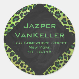 Leopard Schwarz und Grün mit Monogramm Runder Aufkleber