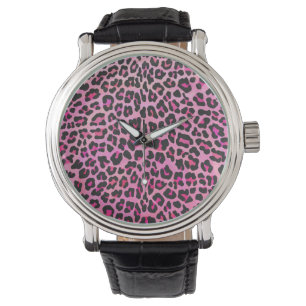 Leopard, Schwarz und Heiß-Rosa Armbanduhr