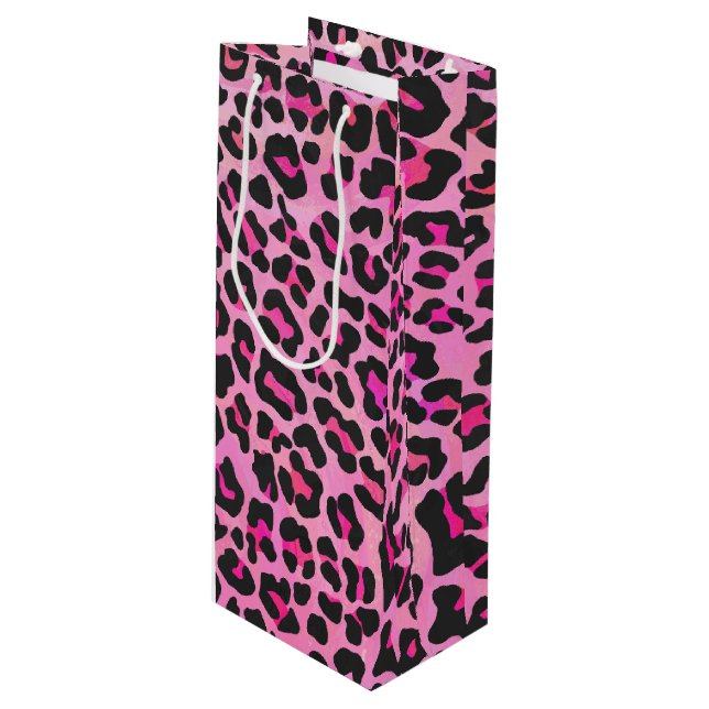 Leopard, Schwarz und Heiß-Rosa Geschenktüte Für Weinflaschen (Vorderseite Schrägansicht)