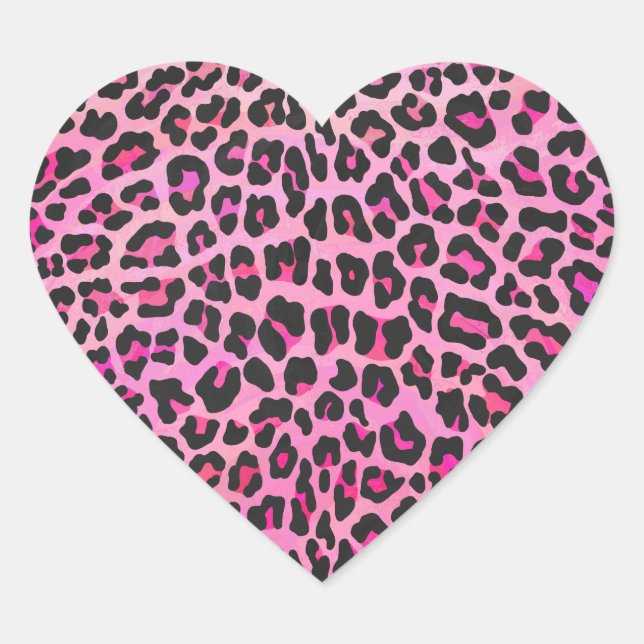 Leopard, Schwarz und Heiß-Rosa Herz-Aufkleber (Vorderseite)