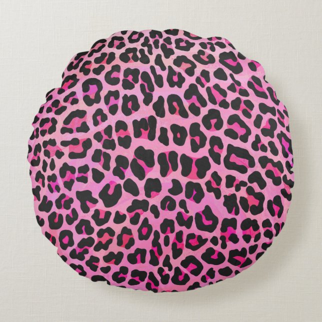 Leopard, Schwarz und Heiß-Rosa Rundes Kissen (Vorderseite)